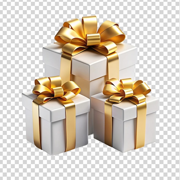 White gift box set with golden ribon bow Isolated on transparent background