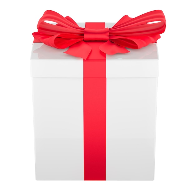 PSD white gift box with red ribbon and bow side view 3d rendering isolated on transparent background