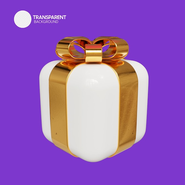 A white gift with a gold ribbon and a purple background.