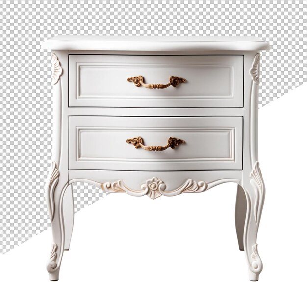 a white and gold chest of drawers with the word the on the bottom