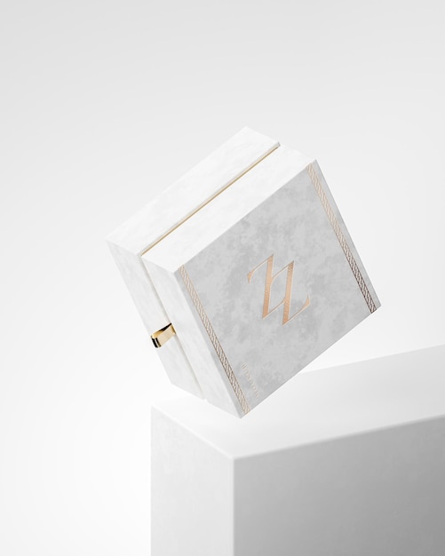 PSD white and gold jewelry gift box mockup floating for brand identity 3d render