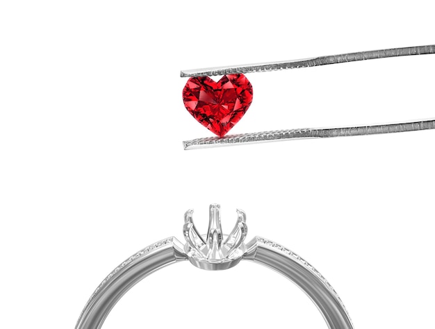 White gold or silver ring without gemstone and Excellent red heart cut diamonds held by tweezers