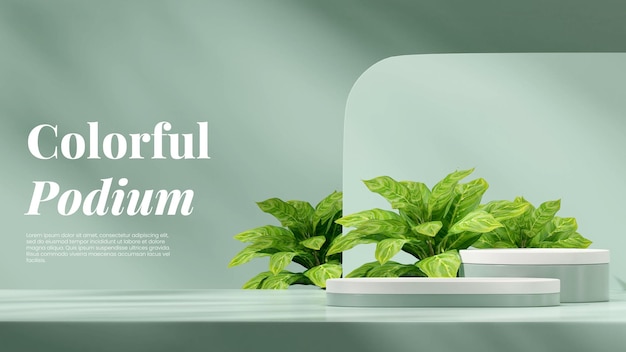 white and green podium in landscape chinese evergreen plant 3D render scene mockup