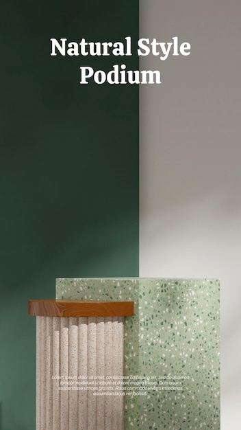 PSD white and green wall 3d image render empty space wood and terrazzo textured podium in portrait