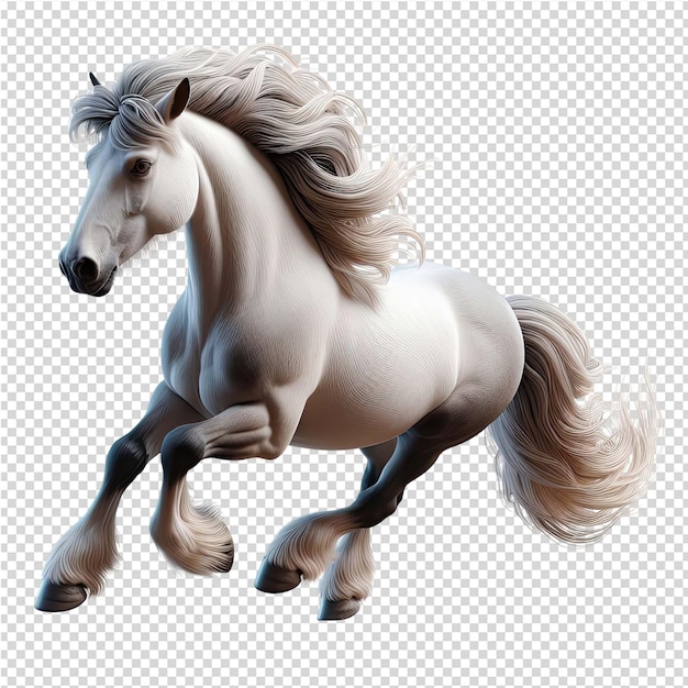 a white horse with a white tail is running through the air