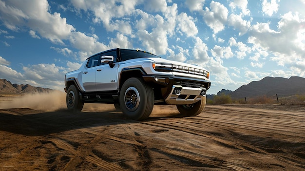 White Hummer EV SUV off roading in a desert with a dramatic sky in the background SUV wallpaper