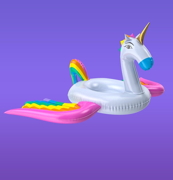 A white inflatable unicorn float with a rainbow colored tail