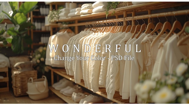 PSD white knitwear collection hanging on wooden racks