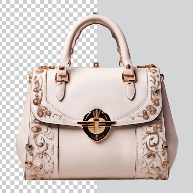 PSD a white leather handbag with a gold design on the front on a transparent background