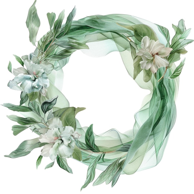 White lily wreath with green leaves and sheer fabric Watercolor artwork AIG56