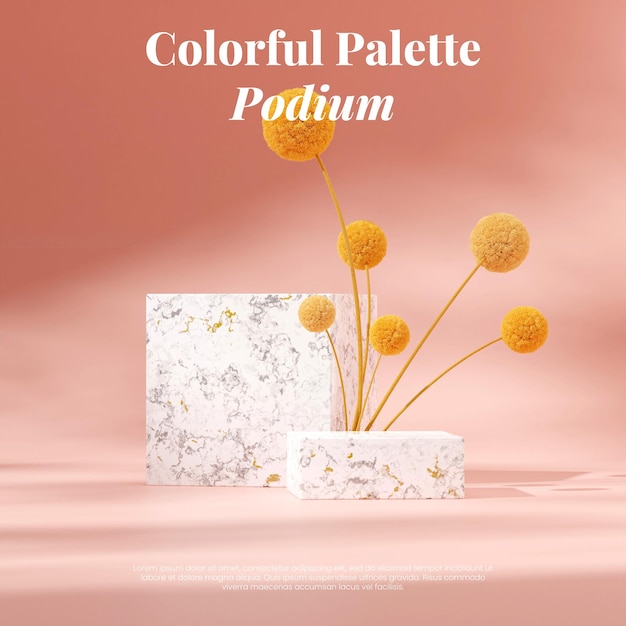 white marble block podium in square yellow mimosa and pink wall rendering 3d blank space