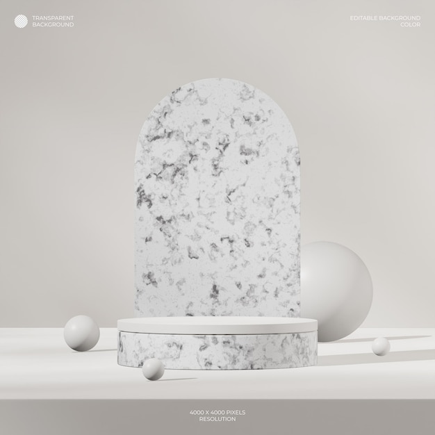 white marble podium in square arch and sphere transparent background 3d render image of blank space