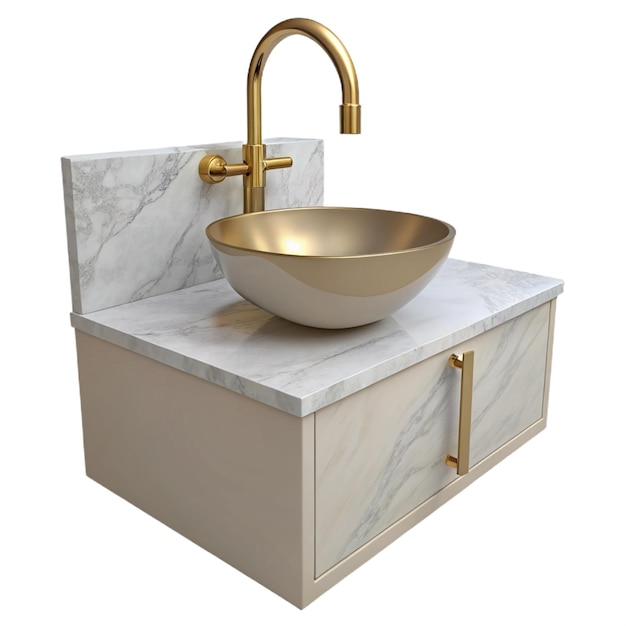 PSD a white marble sink with gold faucet and faucet