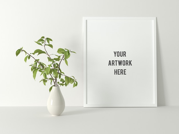 White Minimal Poster Frame Mockup With Plant