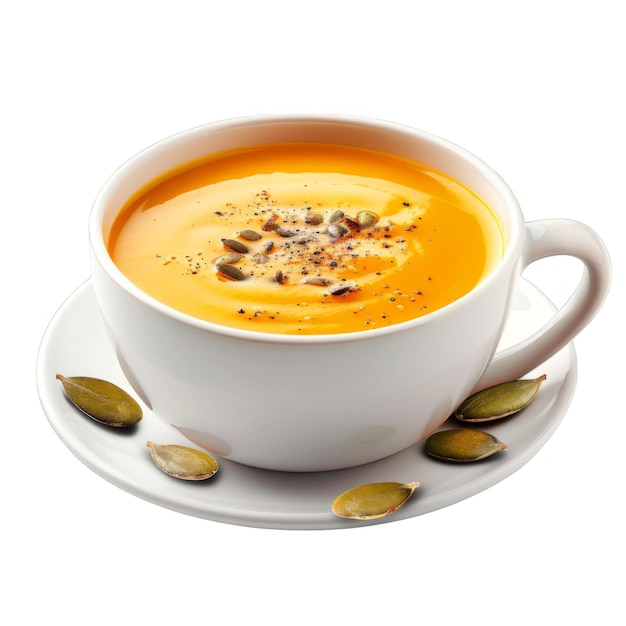 A white mug filled with pumpkin soup topped with pumpkin seeds and black pepper