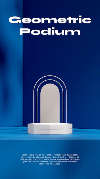 white octagonal podium in portrait blue wall and white arch 3D render mockup space
