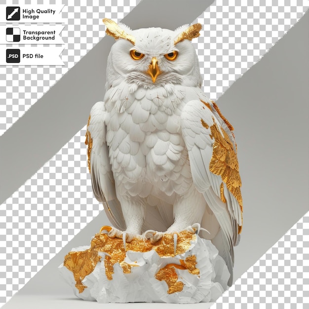 a white owl statue with a gold leaf on its head