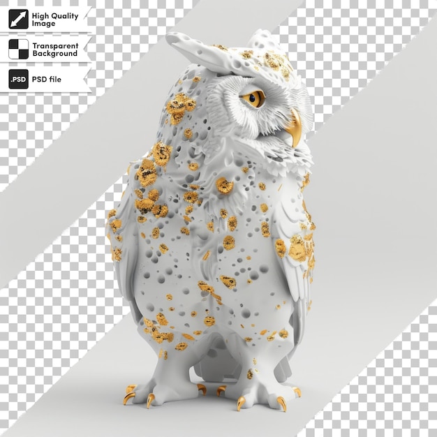 PSD a white owl with yellow eyes and a white body with gold flowers on it