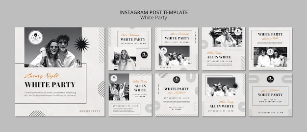 White party instagram posts collection with monochrome design