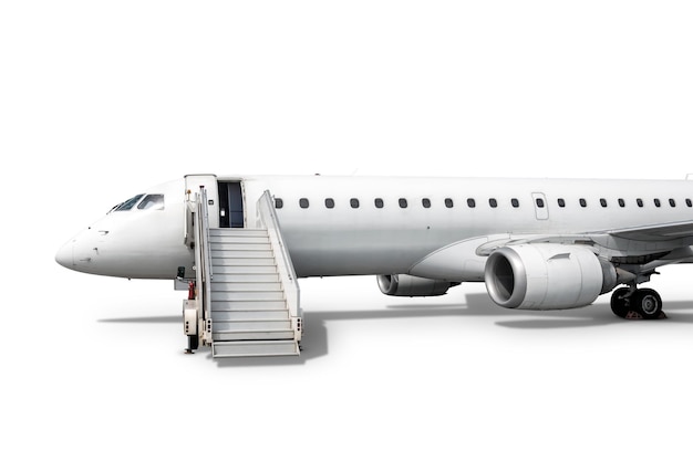 White passenger jetliner with air stairs isolated