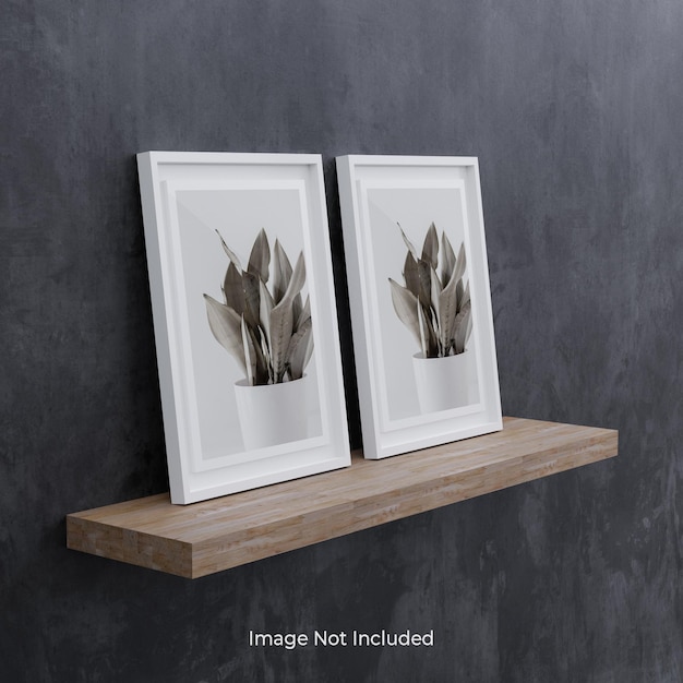 White photo frame mockup on wooden shelf