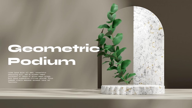 White pillar marble podium in landscape green leaf and grey arch 3D render empty scene