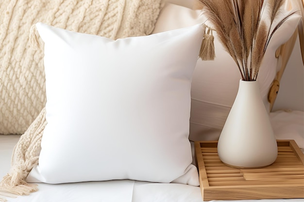 PSD a white pillow with a tassel on it sits on a table next to a vase with a flower