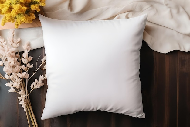 a white pillow with yellow flowers on a wooden table