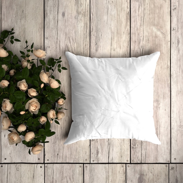 PSD white pillowcase mockup on a wooden floor with decorative roses