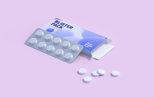 White pills in blister pack in cardbox packaging Mockup template 3d rendering