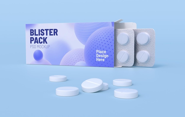 White pills in two blister packs in cardbox packaging Mockup template 3d rendering