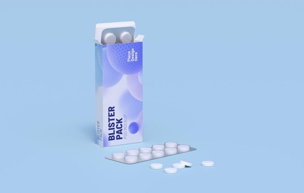 White pills in two blister packs in cardbox packaging Mockup template 3d rendering