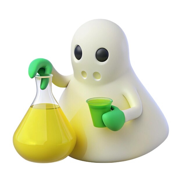 a white plastic ghost with a green bottle of liquid next to it