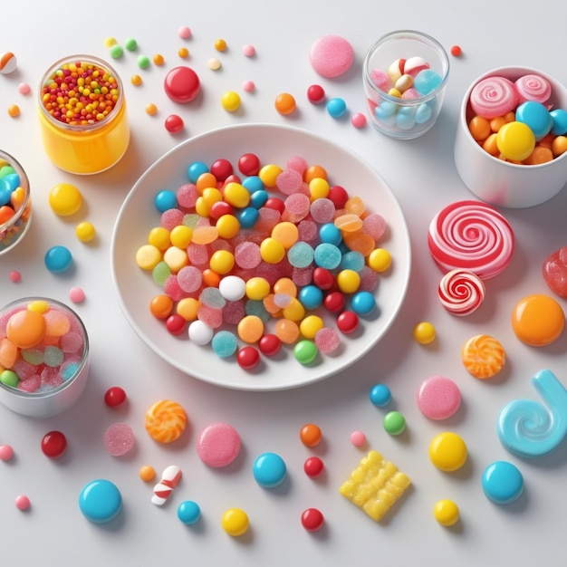 a white plate of candy including one that has a spiral on it