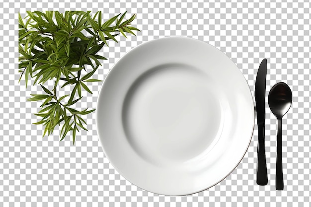 PSD white plate cutlery and napkin on black table top view isolated on transparent background