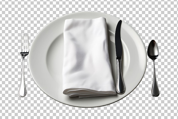 PSD white plate cutlery and napkin on black table top view isolated on transparent background