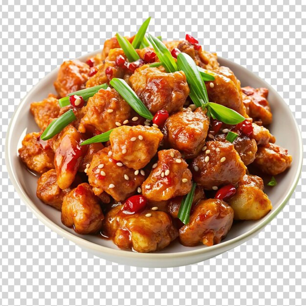 A white plate filled with a delicious stir fry dish of chicken peppers and onions on transparent background