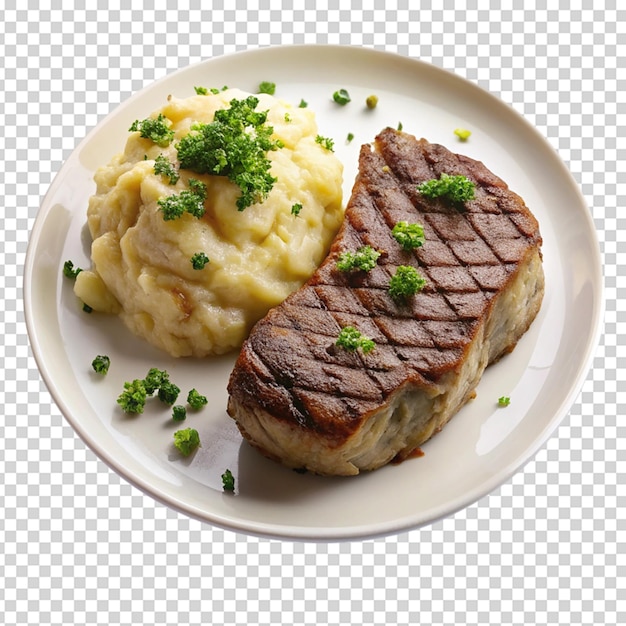 PSD white plate grilled steak and mashed potatoes isolated white background