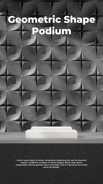 White podium 3d render mockup template in portrait with unique shape pattern wall background