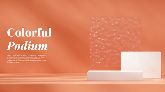 White podium in landscape with texture float glass and orange background 3D render mockup template