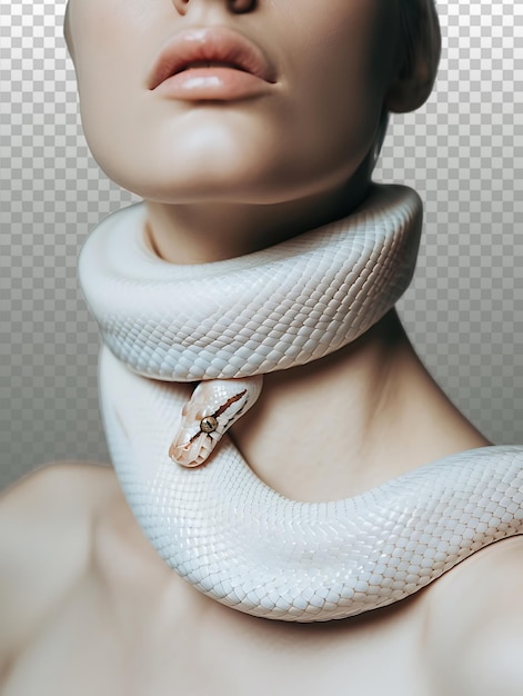 PSD white python coiling around neck on grey background