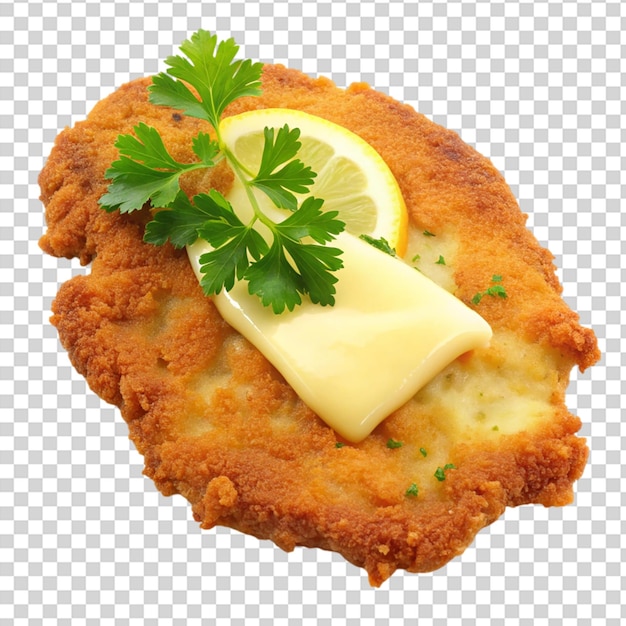 PSD white restaurant schnitzel with cheese isolated on transparent background