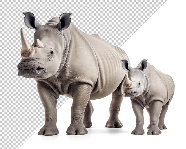 PSD white rhinoceros family young and adult isolated background