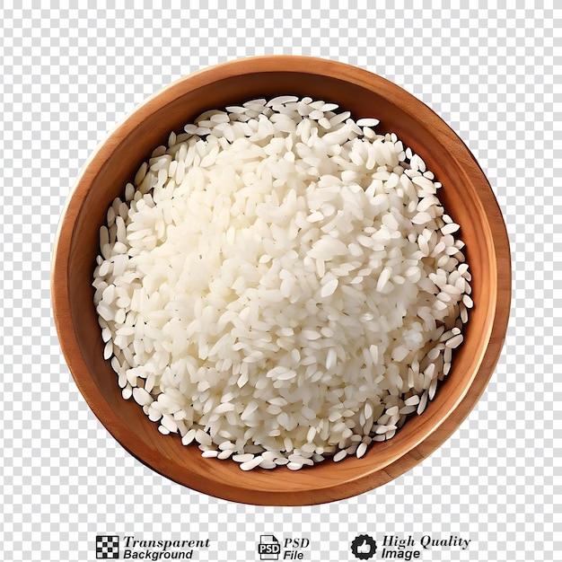 white rice in a wooden bowl top view isolated on transparent background