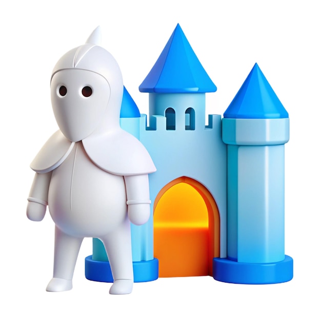 PSD a white robot next to a blue castle with the number 2 on it