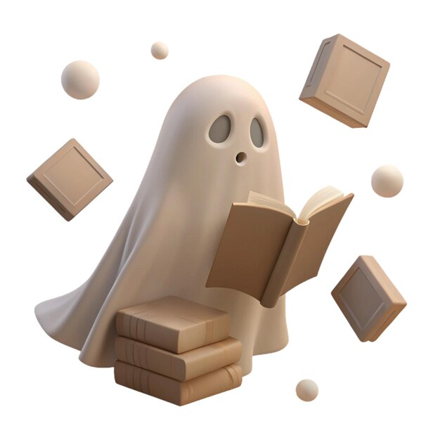 PSD a white robot with a paper sheet on it and some boxes with one with one saying ghost on it