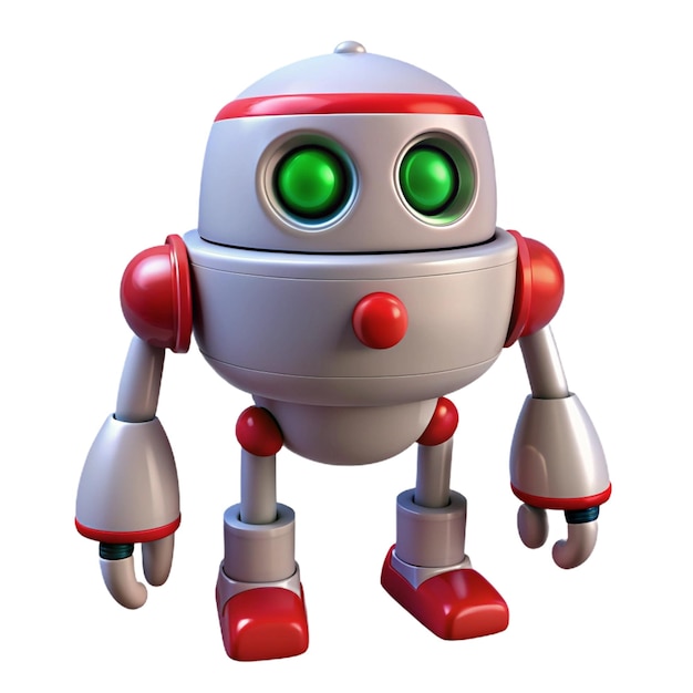 a white robot with red and green eyes and a red nose