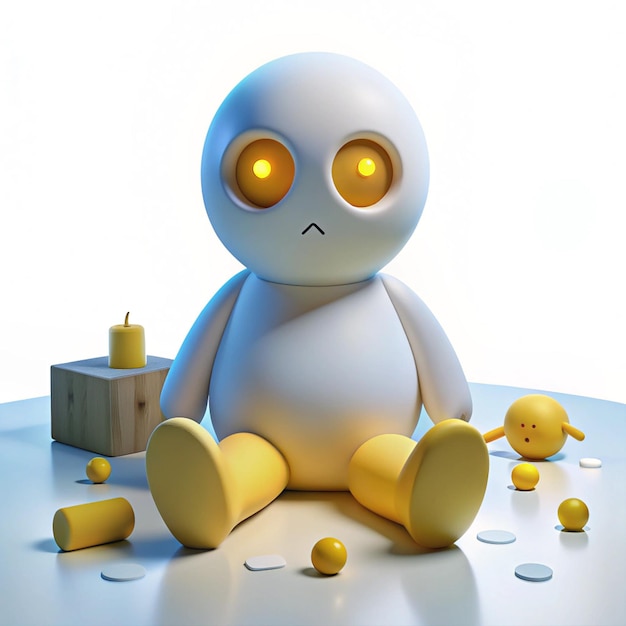 PSD a white robot with yellow eyes sits on a table with other objects