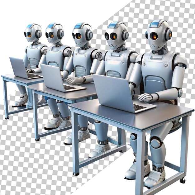 PSD white robots using headset and computers isolated png