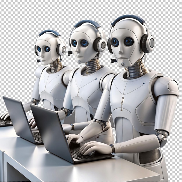 PSD white robots using headset and computers isolated png